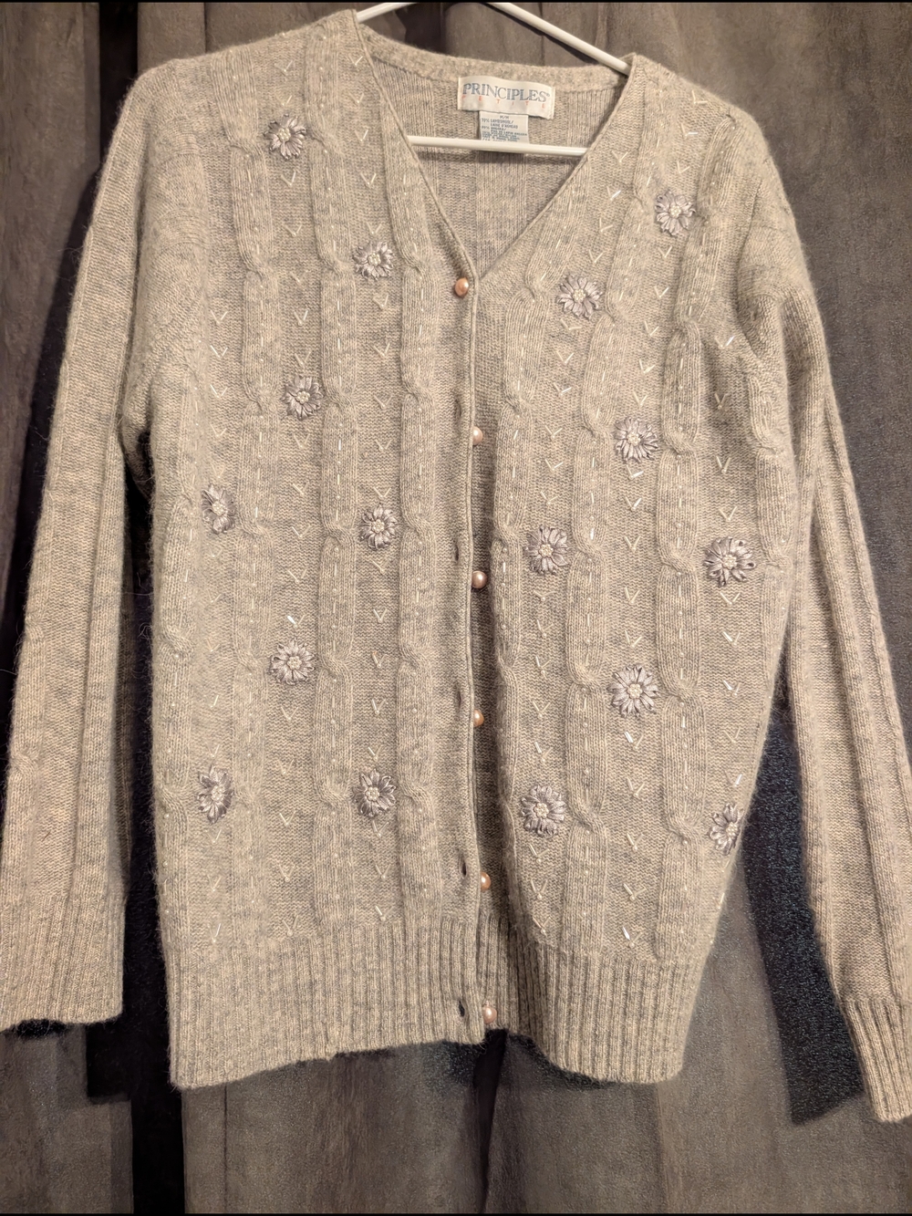 Lambwool And Angora Grey Embroidered And Beaded Button Cardigan Sweater
